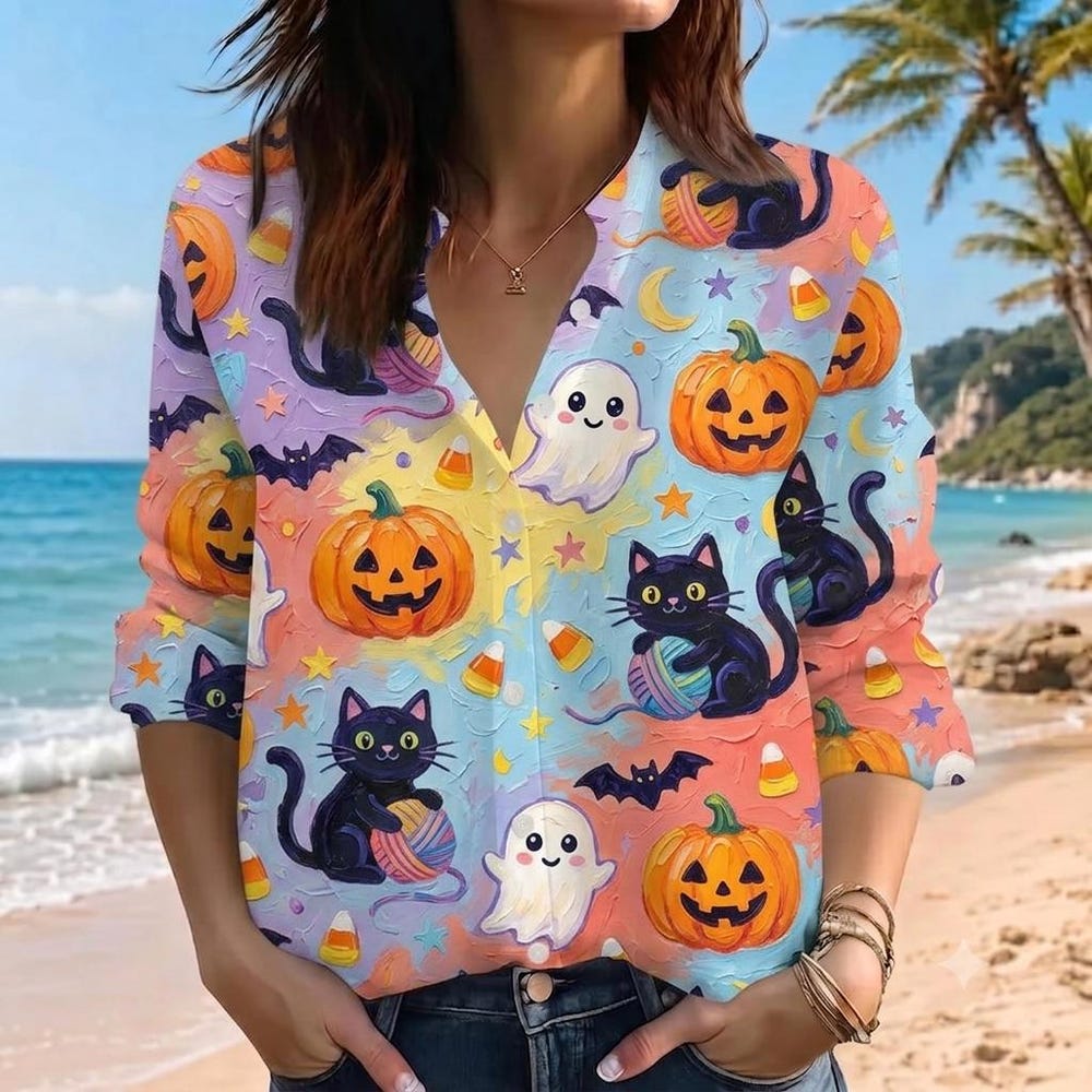 Halloween Cat Pumpkin Linen Shirt