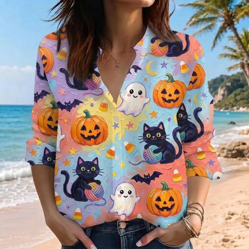 Halloween Cat Pumpkin Linen Shirt